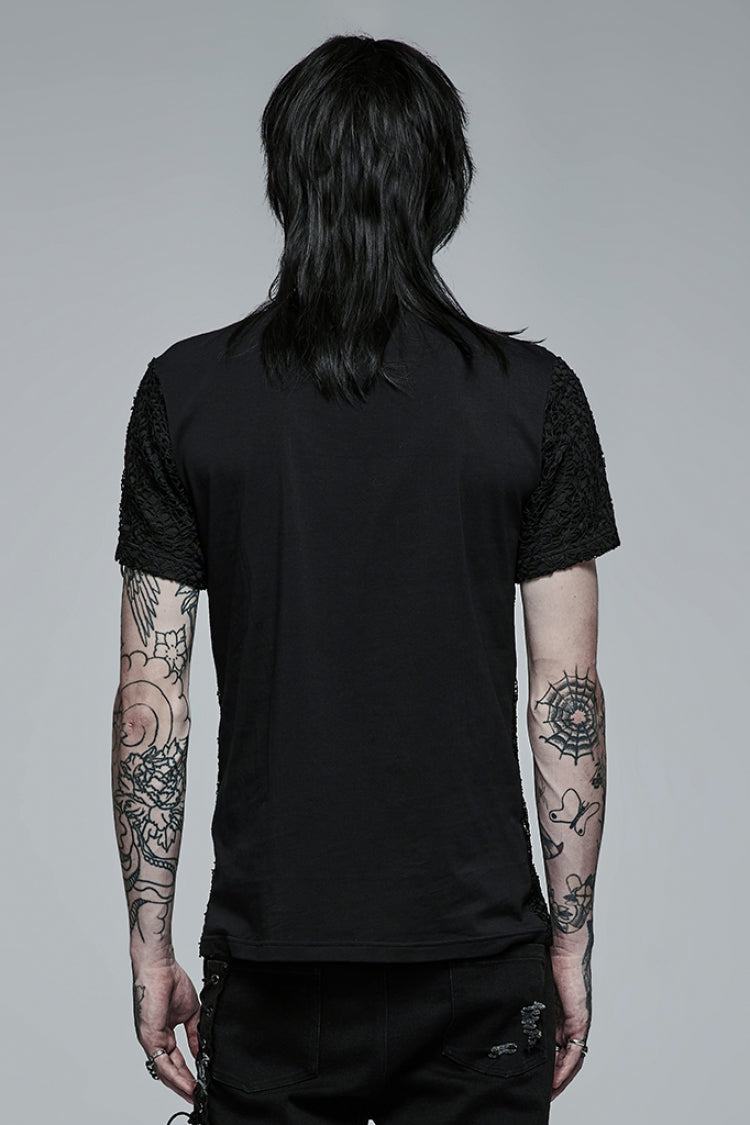 Black Short Sleeves Buckle Stitching Mesh Men's Steampunk T-Shirt