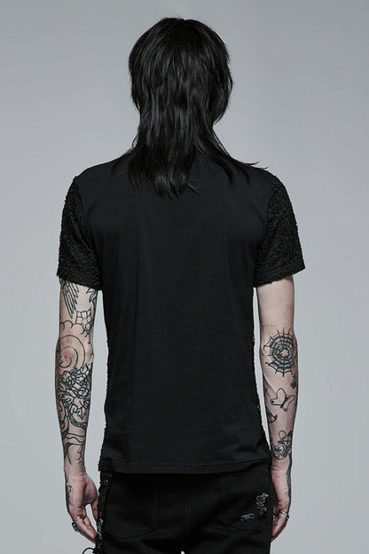 Black Short Sleeves Buckle Stitching Mesh Men's Steampunk T-Shirt