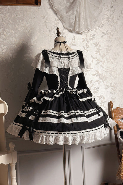 Black [Rabbit Sleeping Doll] Long Trumpet Sleeves Ruffle Bowknot Lace Sweet Lolita Dress