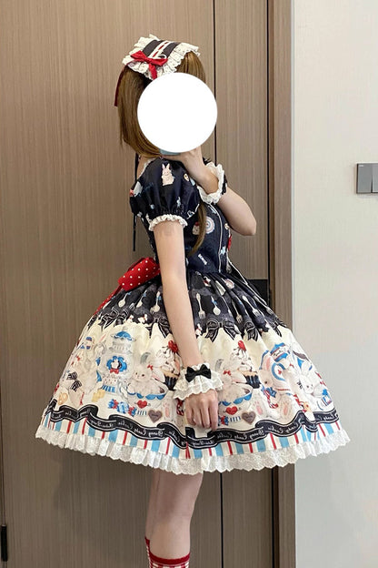 Black [Mystery Rabbit Tea Party] Square Collar Short Sleeves Print Ruffle Bowknot Lace Sweet Lolita Dress