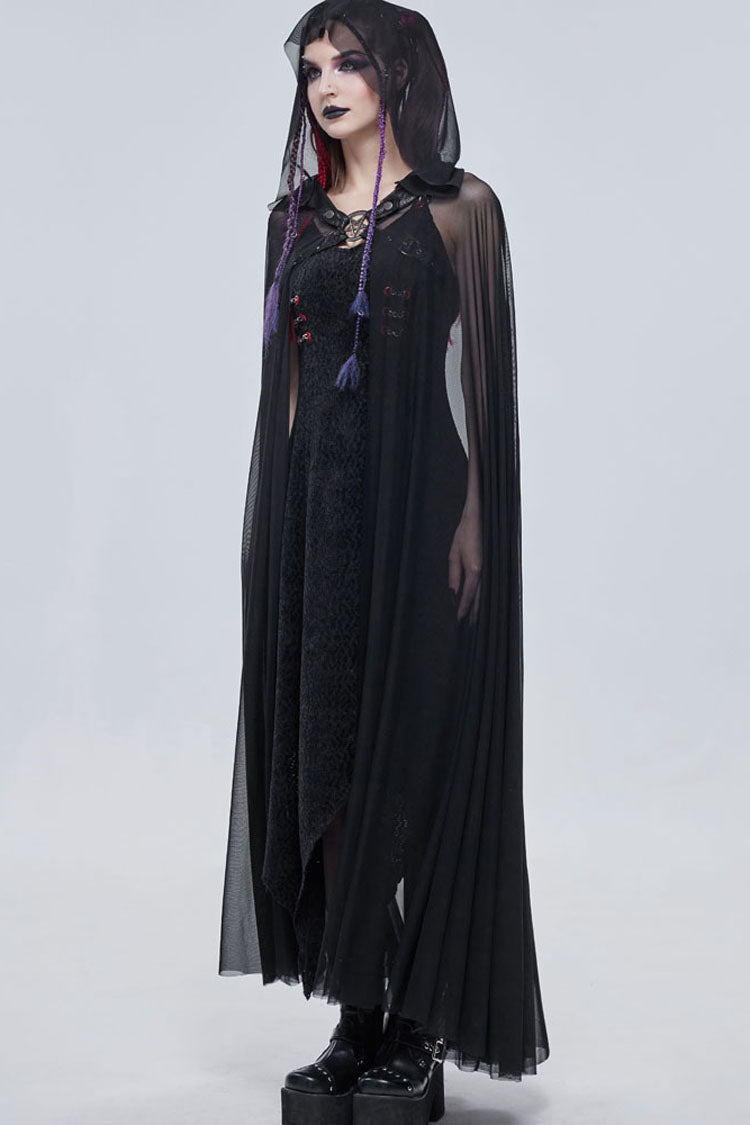 Black Punk Cross Leather Straps On Chest Design Metal Five-Pointed Star Decoration Long Hooded Women's Cape