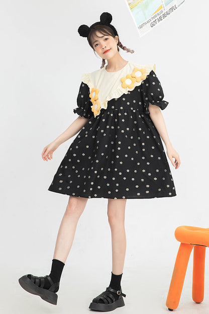 Black Ruffled Splicing Round Collar Bubble Short Sleeves Floral Print High Waisted Sweet Lolita Dress