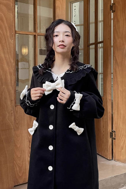 Black [Bouquet Bear] Doll Collar Long Sleeves Ruffle Bowknot Princess Lolita Coat