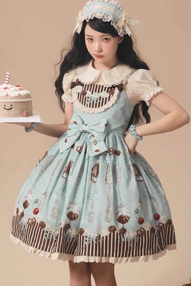 Blue/Green Sleeveless Print Bowknot Sweet Plus Size Lolita Jsk Dress