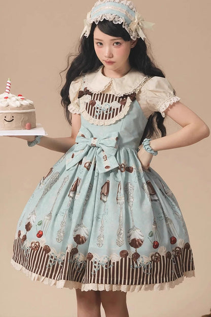Blue/Green Sleeveless Print Bowknot Sweet Plus Size Lolita Jsk Dress