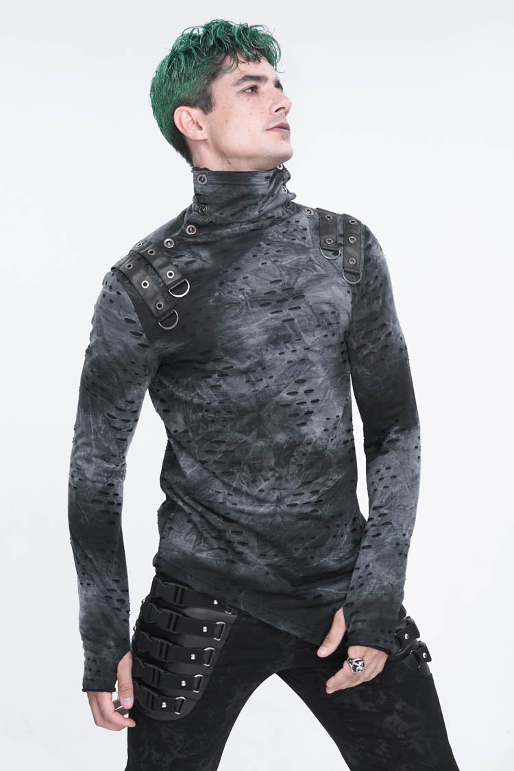 Grey/Black Lrregular Ripped Stand Collar Men's Punk Shirt