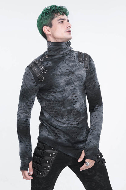 Grey/Black Lrregular Ripped Stand Collar Men's Punk Shirt