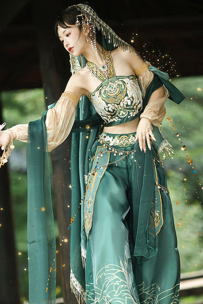 Green [Princess Of The Guo Huang Flying Apsaras] Halterneck High Waisted Printed Embroidered Women's Gorgeous Hanfu Pants Set