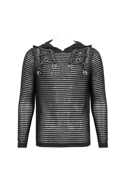 Black Striped Sheer Long Sleeve Men's Punk Sweatshirt Hooded