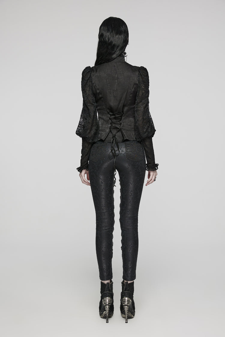 Black Stand Collar Lace Long Sleeves Ruffle Hollow Womens Gothic Blouse