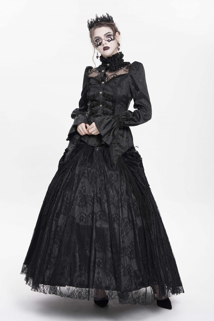 Black Stand Collar Long Sleeves Jacquard Hollow Lace Women's Gothic Blouse