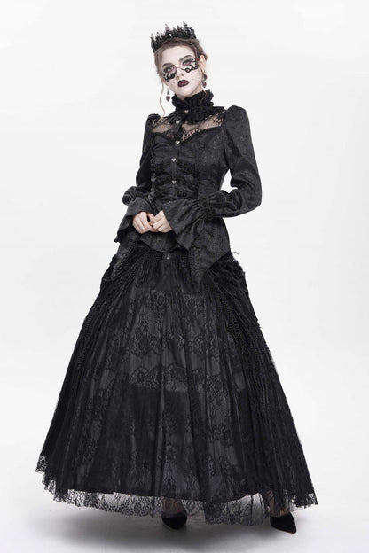 Black Stand Collar Long Sleeves Jacquard Hollow Lace Women's Gothic Blouse