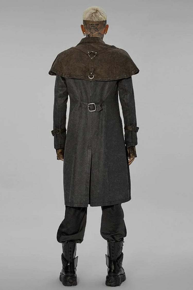 Grey Stand Collar Fake Two Piece Cloak Stitching Metal Buckle Mens Steampunk Coat