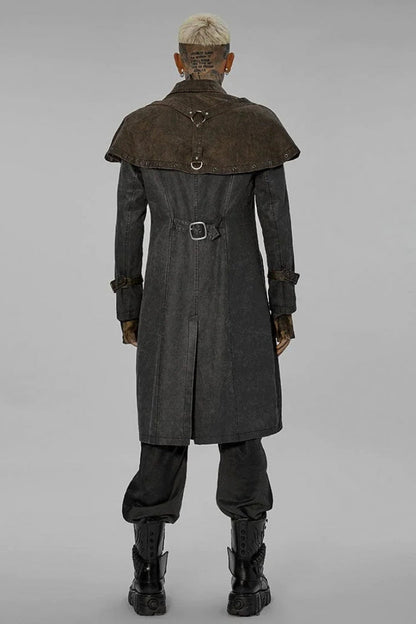 Grey Stand Collar Fake Two Piece Cloak Stitching Metal Buckle Mens Steampunk Coat