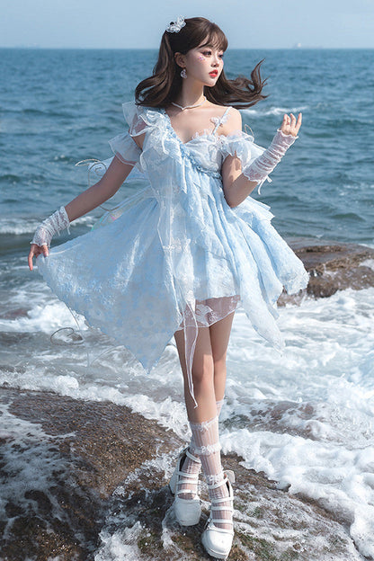 Blue [Summer of Bubbles] Sleeveless Ruffle Embroidery Lace Irregular Short Sweet Lolita Jsk Dress