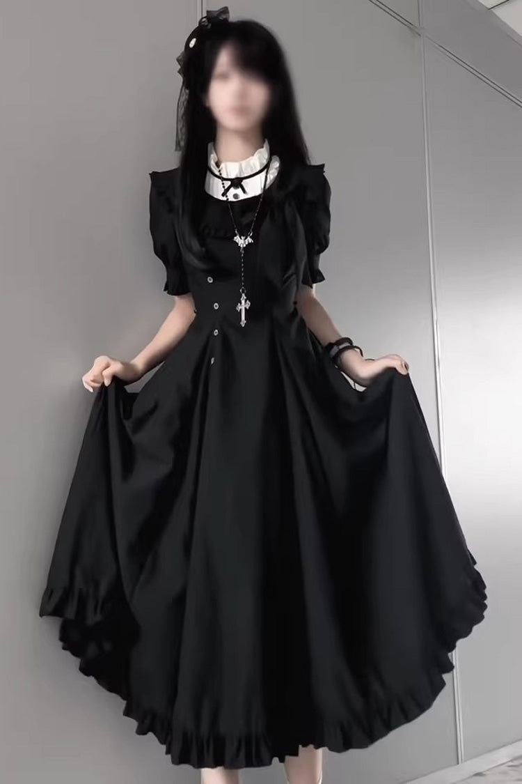 Black [Day & Night] Stand Collar Short Sleeves Ruffled Gothic Elegant Lolita Dress
