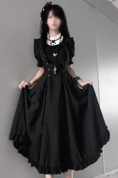 Black [Day & Night] Stand Collar Short Sleeves Ruffled Gothic Elegant Lolita Dress
