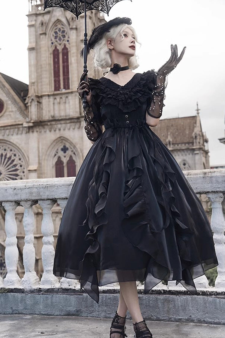 Black V-Neck Lace Cla Daily Short Puff Sleeves Gothic Lolita Dress
