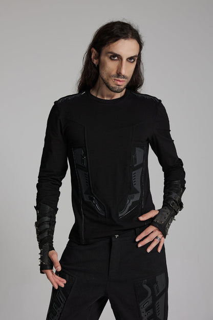 Black Round Collar Long Sleeves 3D Amor Patch Print Men's Punk T-Shirt