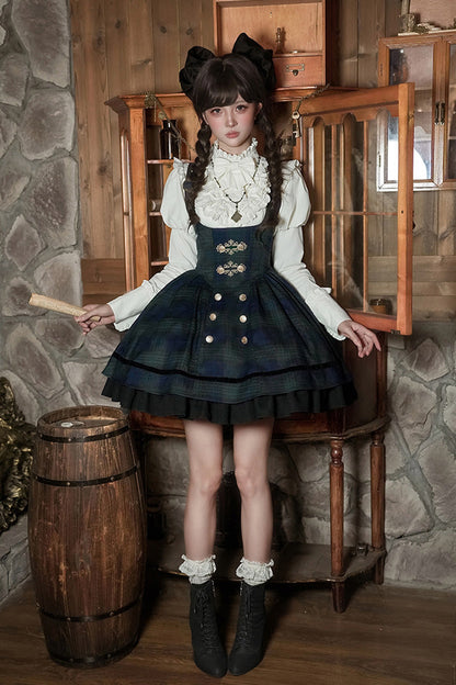 Blue/Green [Berlin's letter] Double-Layered Plaid Print Ruffle Bowknot Classic College Style Lolita Strap Dress Set 2 Versions