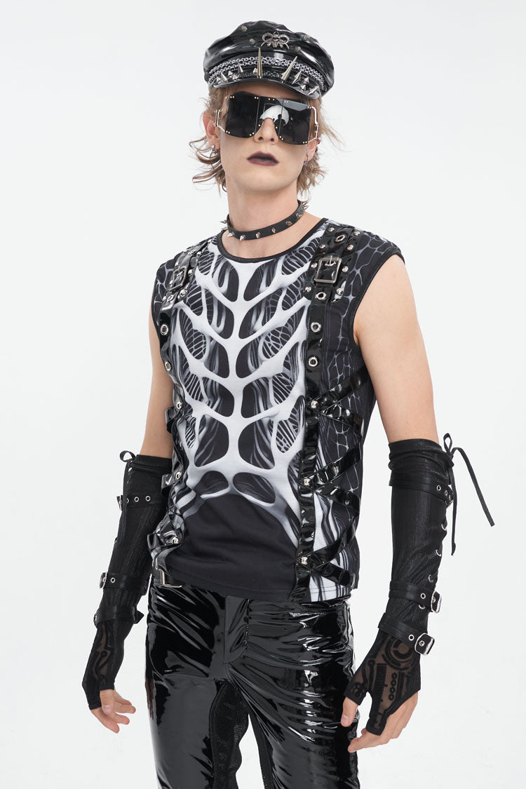 Black/White Round Collar Print Hollow Men's Punk Vest