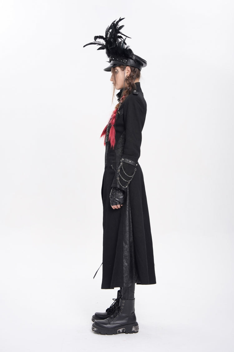 Black Stand Collar Long Sleeves Buckle Chain Women's Punk Jacket