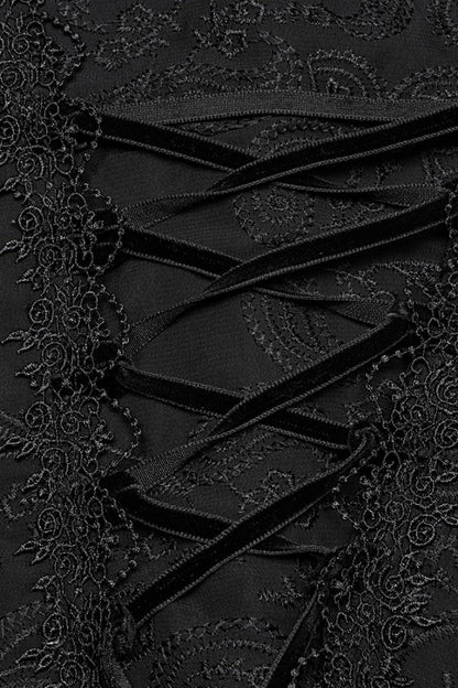 Black Stand Collar Long Puff Sleeves Jacquard Lace Women's Gothic Blouse