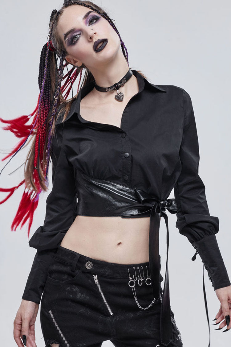 Black Punk Asymmetrical Neckline Buttonhole Cuffs With Cord Design Cropped Thin Texture Long Sleeve Women's Shirt