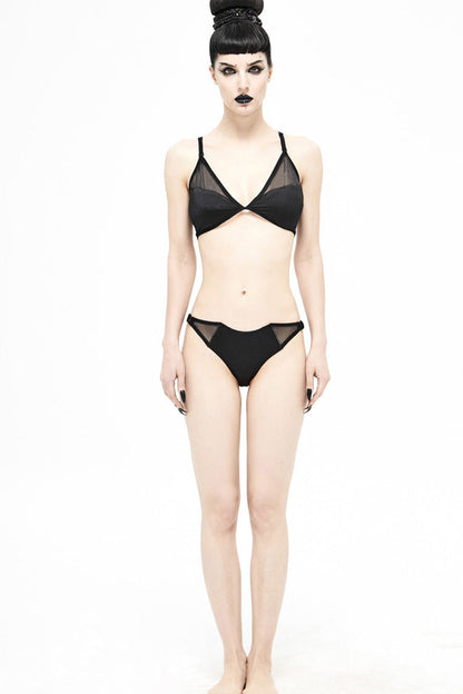 Black Splice Mesh Lace-Up Vertical Striped Bat-Shaped Women's Punk Swimsuit
