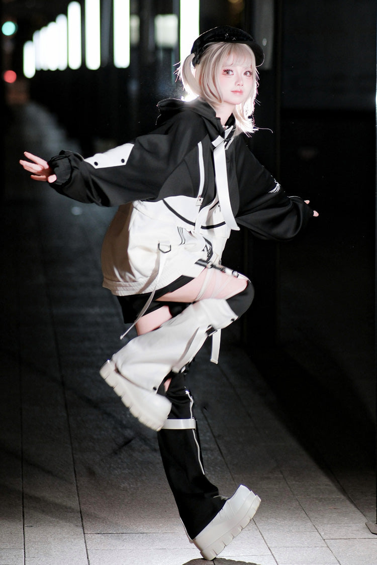 Black/White [Zero-Type Transformation] Techwear Long Sleeves Embroidered Hooded Punk Jirai Kei Shorts Coat Set