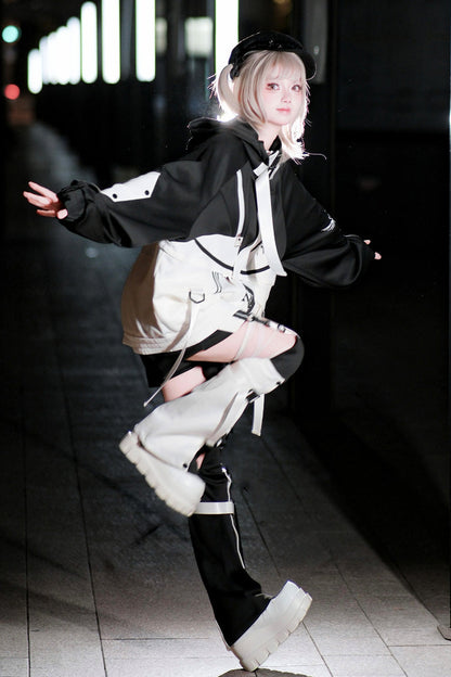 Black/White [Zero-Type Transformation] Techwear Long Sleeves Embroidered Hooded Punk Jirai Kei Shorts Coat Set