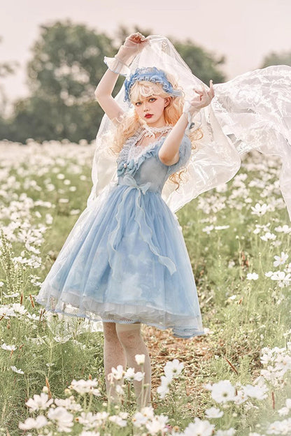 Blue High Waisted Planet Butterfly Print Ruffle Lace Sweet Lolita Dress
