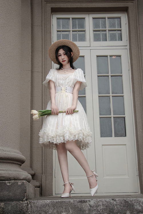 Elegant Vintage Tulip Square Collar Lantern Sleeves Multi-Layer Ruffled Classic Lolita OP Dress Short Version