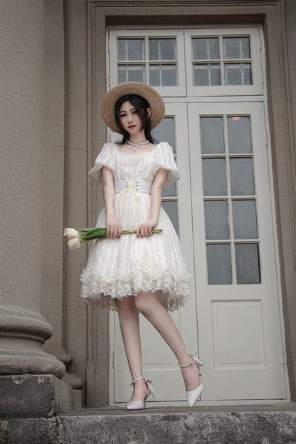 Elegant Vintage Tulip Square Collar Lantern Sleeves Multi-Layer Ruffled Classic Lolita OP Dress Short Version