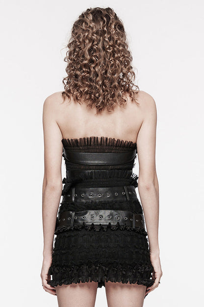 Black Sleeveless Ruffle Ripped Women's Gothic Corset with Belts