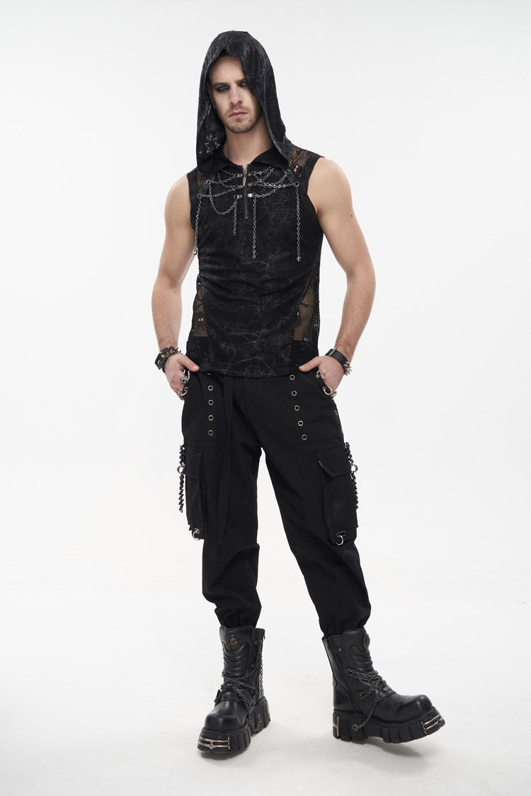 Black Skull Hollowed Out Print Stitched Sleeveless Chain Hoodie Men's Punk Shirt