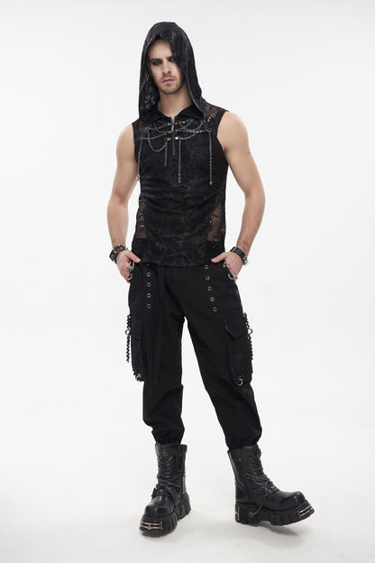 Black Skull Hollowed Out Print Stitched Sleeveless Chain Hoodie Men's Punk Shirt