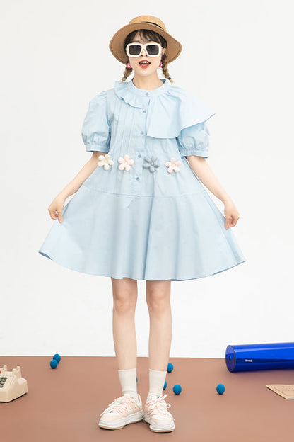 Blue Irregular Ruffled Round Collar Bubble Short Sleeves Waist With Flower Accessories High Waisted Sweet Lolita Dress