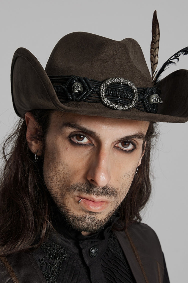 Brown Tassels Feather Skull Men's Punk Hat