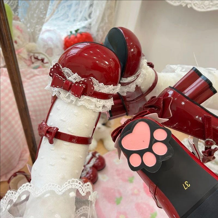 Round Toe Bow Mid Heel Lolita Shoes with Cat Paw Heels 6 Colors