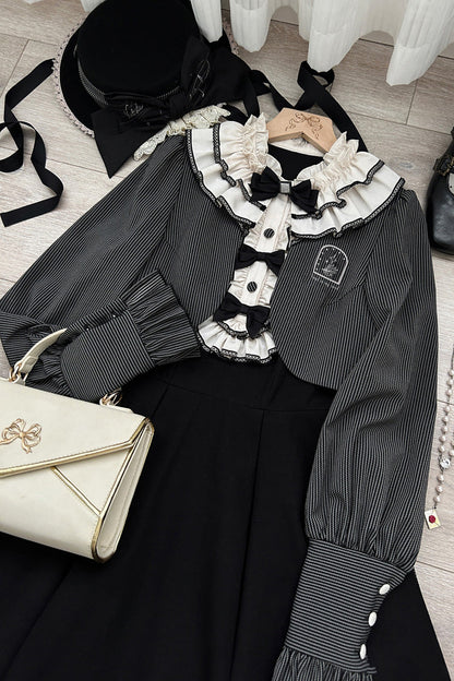 Black [Serenade] Long Sleeves Ruffle Bowknot Fake Two Pieces Classic Lolita Dress