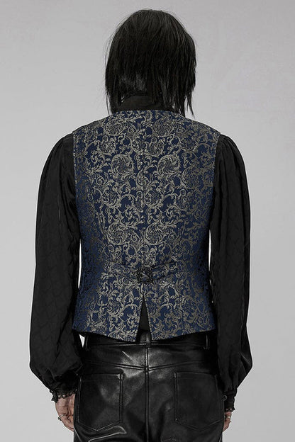 Blue Punk Gorgeous V Neck Asymmetrical Relief Sculpture Jacquard Double Row Hand Seam Button Men's Vest