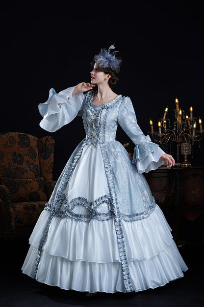 Blue Long Trumpet Sleeves Jacquard Ruffle Bowknot Princess Lolita Victorian Dress