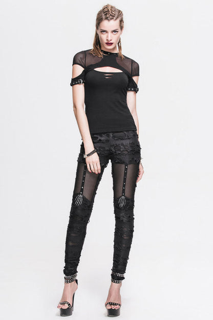 Black Sexy Skeleton Palm Ripped Knitted Gothic Womens Pants