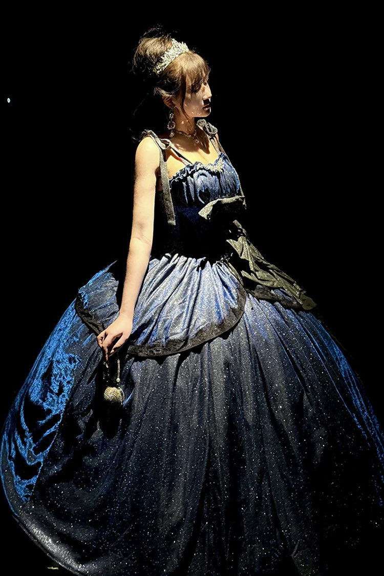 Blue [Galaxy of Fallen Tears] Sleeveless Glitter Series Ruffled Bow Asymmetric Sweet Lolita Jsk Dress