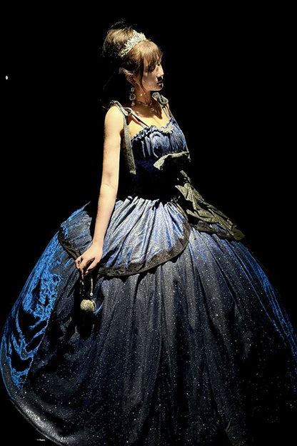 Blue [Galaxy of Fallen Tears] Sleeveless Glitter Series Ruffled Bow Asymmetric Sweet Lolita Jsk Dress