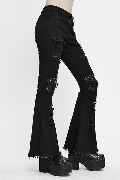 Black Punk Nailed Knee Cutoff Bellbottomed Womens Pants