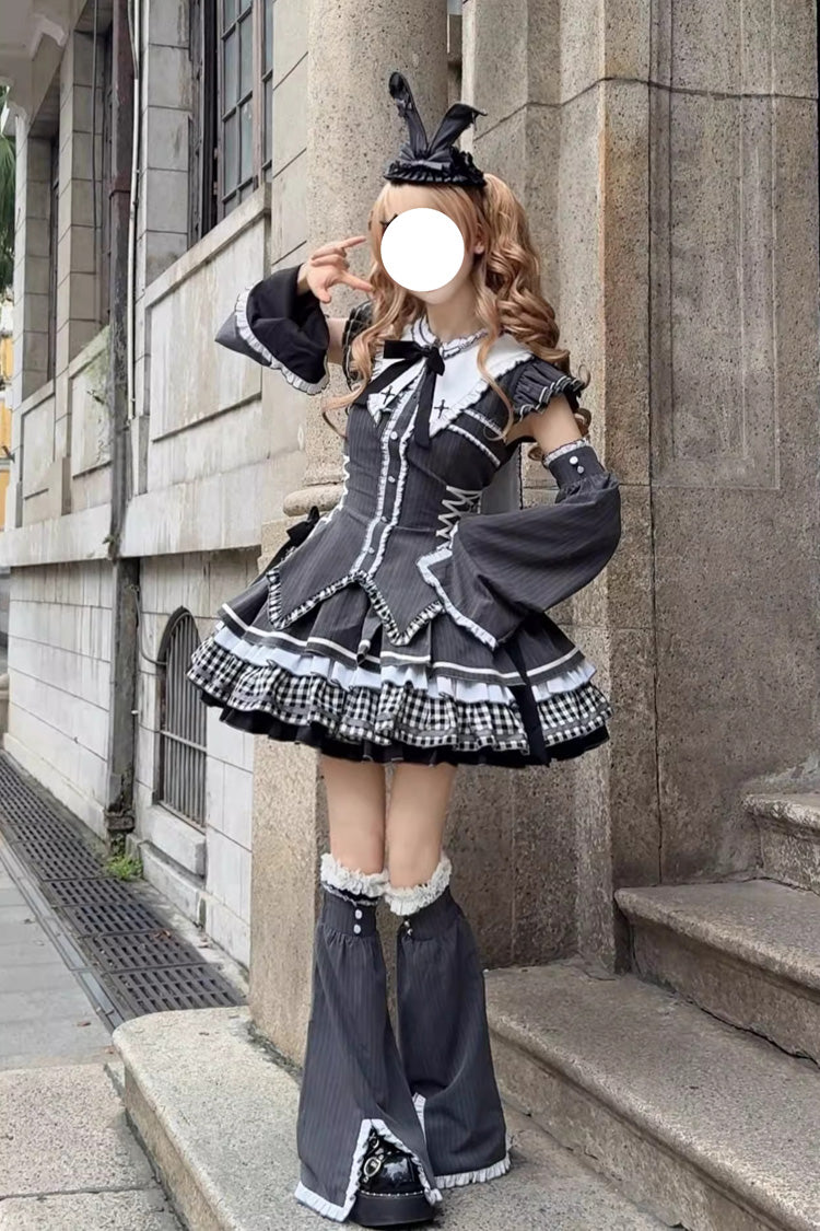 Black [Berlin Covenant] Detachable Sleeves Hime Sleeves Print Ruffle Bowknot Lace-Up Gothic Lolita Dress Set
