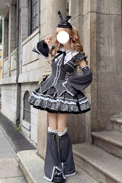 Black [Berlin Covenant] Detachable Sleeves Hime Sleeves Print Ruffle Bowknot Lace-Up Gothic Lolita Dress Set
