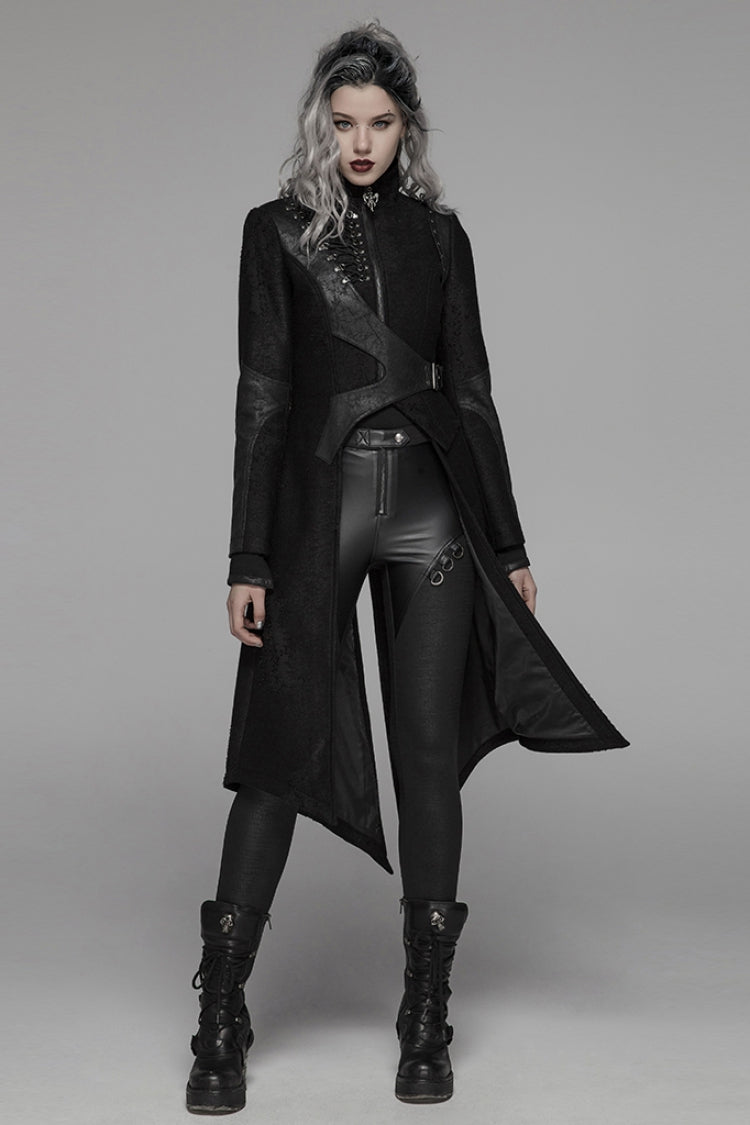 Black Stand Collar Long Sleeves Asymmetric Design Stitching Irregular Womens Steampunk Coat